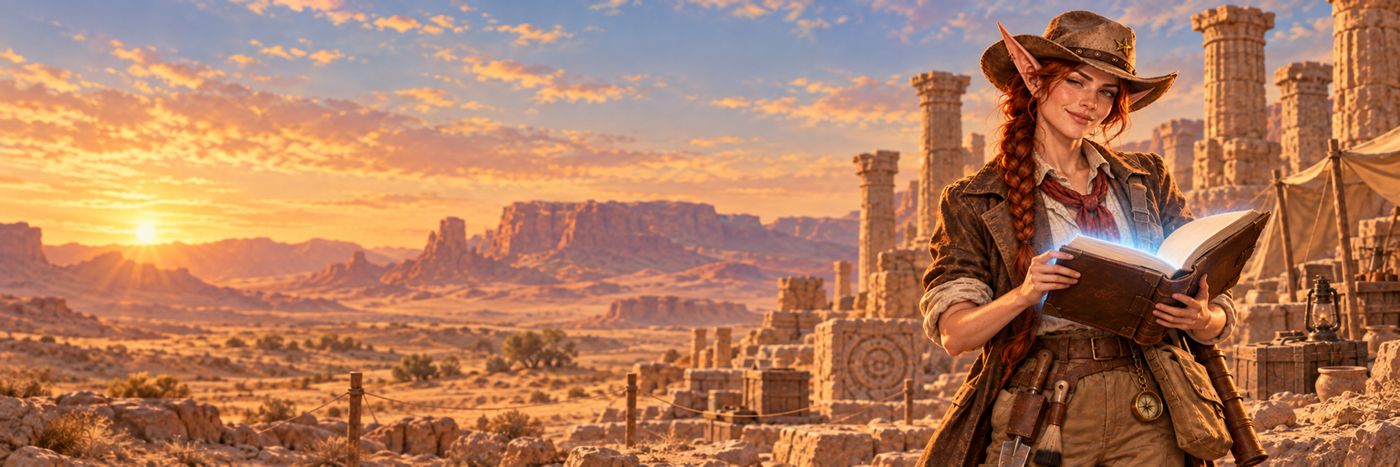 Banner for Jebbie's Almanac: Jebbie reads a glowing almanac on a porch while the sun sets behind desert mesas, under the words Jebbie's Almanac, a leveling almanac that plans around you.